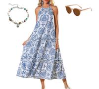 Women's Boho Floral Halter Tiered Beach Dress, Summer Loose Fit Color Blocked Dress, Casual Sleeveless Long Sundress