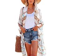 Women's Boho Floral Print Kimono Cardigan Chiffon Beach Cover Up Loose Long Sleeve Open Front Summer Outwear Casual Swimwear Robe for Vacation
