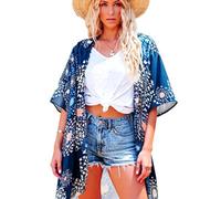Women's Boho Floral Print Kimono Cardigan Chiffon Beach Cover Up Loose Long Sleeve Open Front Summer Outwear Casual Swimwear Robe for Vacation