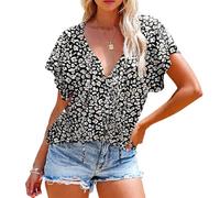 Women's Boho Floral Print Short Sleeve Blouse V Neck Half Button Down Tie Front Ruffle Sleeve Summer Casual Vacation Beach Tops for Ladies