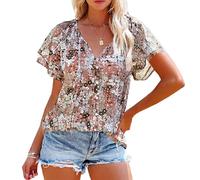 Women's Boho Floral Print Short Sleeve Blouse V Neck Half Button Down Tie Front Ruffle Sleeve Summer Casual Vacation Beach Tops for Ladies