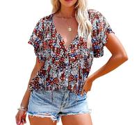 Women's Boho Floral Print Short Sleeve Blouse V Neck Half Button Down Tie Front Ruffle Sleeve Summer Casual Vacation Beach Tops for Ladies
