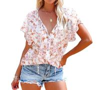 Women's Boho Floral Print Short Sleeve Blouse V Neck Half Button Down Tie Front Ruffle Sleeve Summer Casual Vacation Beach Tops for Ladies