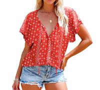 Women's Boho Floral Print Short Sleeve Blouse V Neck Half Button Down Tie Front Ruffle Sleeve Summer Casual Vacation Beach Tops for Ladies