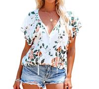 Women's Boho Floral Print Short Sleeve Blouse V Neck Half Button Down Tie Front Ruffle Sleeve Summer Casual Vacation Beach Tops for Ladies