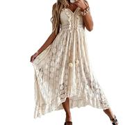Women's Boho Lace Maxi Dresses Summer V Neck Lace-Up Sleeveless Sundress (Beige,M)
