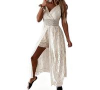 Women's Boho Lace Maxi Dresses Summer V Neck Lace-Up Sleeveless Sundress (White 1,L)