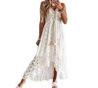 Women's Boho Lace Maxi Dresses Summer V Neck Lace-Up Sleeveless Sundress (White,L)
