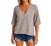 Women's Boho Lace Panel V Neck Blouse Loose Fit 3/4 Sleeve Crochet Detail Tunic Top Summer Casual Vacation Shirt Lightweight Breathable Beach