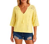 Women's Boho Lace Panel V Neck Blouse Loose Fit 3/4 Sleeve Crochet Detail Tunic Top Summer Casual Vacation Shirt Lightweight Breathable Beach