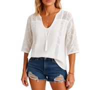 Women's Boho Lace Panel V Neck Blouse Loose Fit 3/4 Sleeve Crochet Detail Tunic Top Summer Casual Vacation Shirt Lightweight Breathable Beach