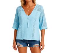 Women's Boho Lace Panel V Neck Blouse Loose Fit 3/4 Sleeve Crochet Detail Tunic Top Summer Casual Vacation Shirt Lightweight Breathable Beach