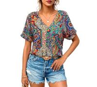 Women's Boho Paisley Print V Neck Short Sleeve Tunic Top Casual Summer Blouse for Vacation Beach Wear Loose Fit Colorful Shirt Lightweight