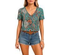 Women's Boho Paisley Print V Neck Short Sleeve Tunic Top Casual Summer Blouse for Vacation Beach Wear Loose Fit Colorful Shirt Lightweight