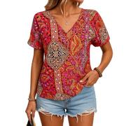 Women's Boho Paisley Print V Neck Short Sleeve Tunic Top Casual Summer Blouse for Vacation Beach Wear Loose Fit Colorful Shirt Lightweight