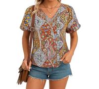 Women's Boho Paisley Print V Neck Short Sleeve Tunic Top Casual Summer Blouse for Vacation Beach Wear Loose Fit Colorful Shirt Lightweight