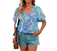 Women's Boho Paisley Print V Neck Short Sleeve Tunic Top Casual Summer Blouse for Vacation Beach Wear Loose Fit Colorful Shirt Lightweight