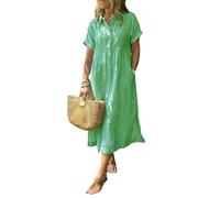 Women's Boho Striped Shirt Dress with Pockets Loose Turn-Down Collar High Waistline Fit Midi Dress for Travel & Holiday (XXL,Green)