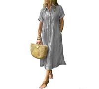 Women's Boho Striped Shirt Dress with Pockets Loose Turn-Down Collar High Waistline Fit Midi Dress for Travel & Holiday (3XL,Gray)
