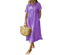 Women's Boho Striped Shirt Dress with Pockets Loose Turn-Down Collar High Waistline Fit Midi Dress for Travel & Holiday (Purple,3XL)