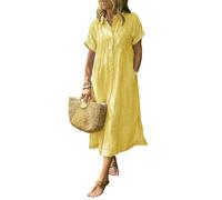 Women's Boho Striped Shirt Dress with Pockets Loose Turn-Down Collar High Waistline Fit Midi Dress for Travel & Holiday (XXL,Yellow)