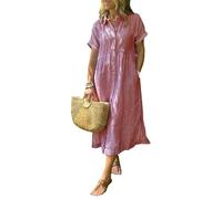 Women's Boho Striped Shirt Dress with Pockets Loose Turn-Down Collar High Waistline Fit Midi Dress for Travel & Holiday (L,Red)