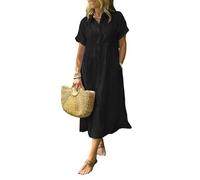 Women's Boho Striped Shirt Dress with Pockets Loose Turn-Down Collar High Waistline Fit Midi Dress for Travel & Holiday (M,Black)