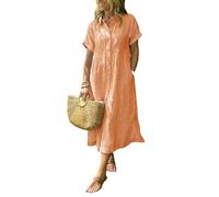 Women's Boho Striped Shirt Dress with Pockets Loose Turn-Down Collar High Waistline Fit Midi Dress for Travel & Holiday (Orange,S)