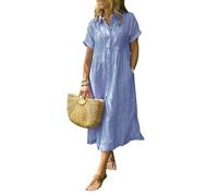 Women's Boho Striped Shirt Dress with Pockets Loose Turn-Down Collar High Waistline Fit Midi Dress for Travel & Holiday (S,Blue)