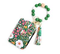 Women's Boho Style Beaded & Tassel Decorated Keychain with Flower Pattern Wallet, Boho Beaded Wallet, Bracelet Keychain Wallet (Green)