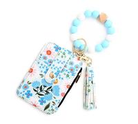 Women's Boho Style Beaded & Tassel Decorated Keychain with Flower Pattern Wallet, Boho Beaded Wallet, Bracelet Keychain Wallet (Light Blue)