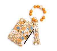 Women's Boho Style Beaded & Tassel Decorated Keychain with Flower Pattern Wallet, Boho Beaded Wallet, Bracelet Keychain Wallet (Yellow)