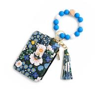 Women's Boho Style Beaded & Tassel Decorated Keychain with Flower Pattern Wallet, Boho Beaded Wallet, Bracelet Keychain Wallet (Dark Blue)