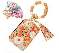 Women's Boho Style Beaded & Tassel Decorated Keychain with Flower Pattern Wallet, Bracelet Keychain Wallet for Women (F)