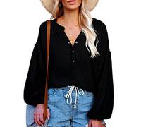 Women's Boho V Neck Balloon Sleeve Blouse Ruffle Trim Cotton Linen Shirt Casual Long Sleeve Pullover Tops for Summer Spring Vacation Sage Green