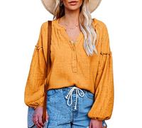 Women's Boho V Neck Balloon Sleeve Blouse Ruffle Trim Cotton Linen Shirt Casual Long Sleeve Pullover Tops for Summer Spring Vacation Sage Green