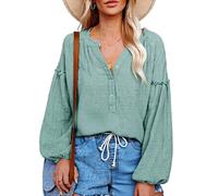 Women's Boho V Neck Balloon Sleeve Blouse Ruffle Trim Cotton Linen Shirt Casual Long Sleeve Pullover Tops for Summer Spring Vacation Sage Green