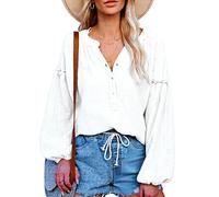Women's Boho V Neck Balloon Sleeve Blouse Ruffle Trim Cotton Linen Shirt Casual Long Sleeve Pullover Tops for Summer Spring Vacation Sage Green