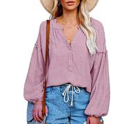 Women's Boho V Neck Balloon Sleeve Blouse Ruffle Trim Cotton Linen Shirt Casual Long Sleeve Pullover Tops for Summer Spring Vacation Sage Green