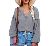Women's Boho V Neck Balloon Sleeve Blouse Ruffle Trim Cotton Linen Shirt Casual Long Sleeve Pullover Tops for Summer Spring Vacation Sage Green