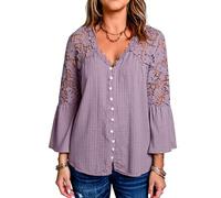 Women's Boho V Neck Blouse with Lace Insert Long Bell Sleeve Button Down Shirts Casual Solid Color Peasant Tops for Summer Fall Vacation Beach