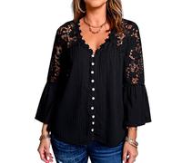 Women's Boho V Neck Blouse with Lace Splicing Bell Sleeves Casual Button Down Solid Color Peasant Top for Summer Fall Daily Wear Office
