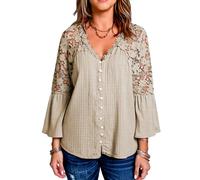 Women's Boho V Neck Blouse with Lace Splicing Bell Sleeves Casual Button Down Solid Color Peasant Top for Summer Fall Daily Wear Office