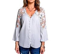 Women's Boho V Neck Blouse with Lace Splicing Bell Sleeves Casual Button Down Solid Color Peasant Top for Summer Fall Daily Wear Office