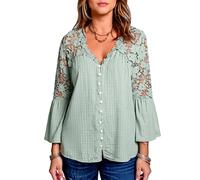Women's Boho V Neck Blouse with Lace Splicing Bell Sleeves Casual Button Down Solid Color Peasant Top for Summer Fall Daily Wear Office