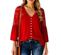 Women's Boho V Neck Blouse with Lace Splicing Bell Sleeves Casual Button Down Solid Color Peasant Top for Summer Fall Daily Wear Office