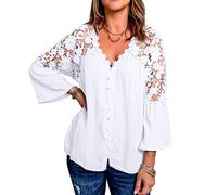 Women's Boho V Neck Blouse with Lace Splicing Bell Sleeves Casual Button Down Solid Color Peasant Top for Summer Fall Daily Wear Office