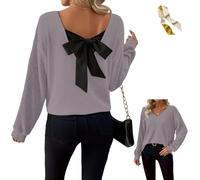 Womens Bow Back Sweater Sexy Off The Shoulder Pullover V Neck Sweaters,Fall Rib Knit Long Sleeve Bow Back Solid Casual Tops (FR/ES, Letras, 3XL, Regular, Regular, Purple)