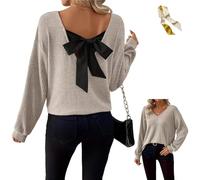 Womens Bow Back Sweater Sexy Off The Shoulder Pullover V Neck Sweaters,Fall Rib Knit Long Sleeve Bow Back Solid Casual Tops (FR/ES, Letras, XXL, Regular, Regular, Apricot)