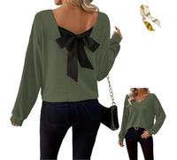 Womens Bow Back Sweater Sexy Off The Shoulder Pullover V Neck Sweaters,Fall Rib Knit Long Sleeve Bow Back Solid Casual Tops (FR/ES, Letras, 4XL, Regular, Regular, Green)